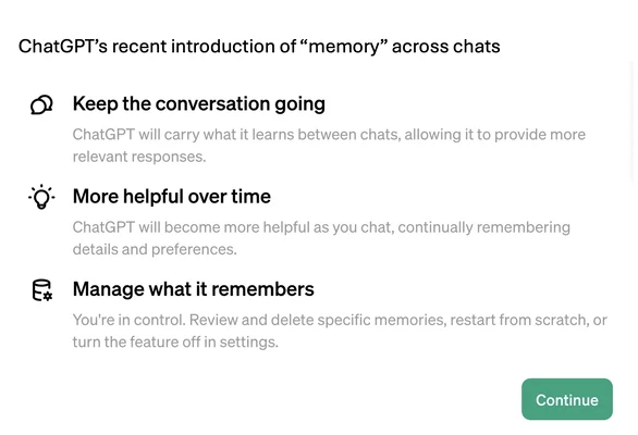OpenAI interface explaining ChatGPT memory across conversations.